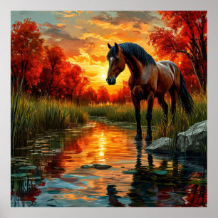 Horse by Sunset Stream in an Autumn Forest Poster