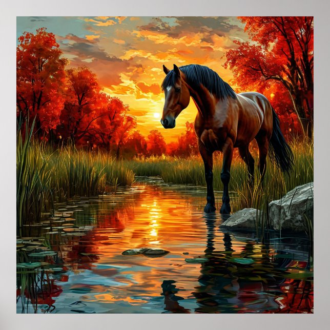 Horse by Sunset Stream in an Autumn Forest Poster (Front)