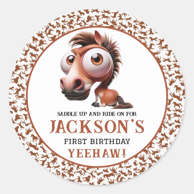 Horse Caricatures 1st Birthday Party Classic Round Sticker (Front)