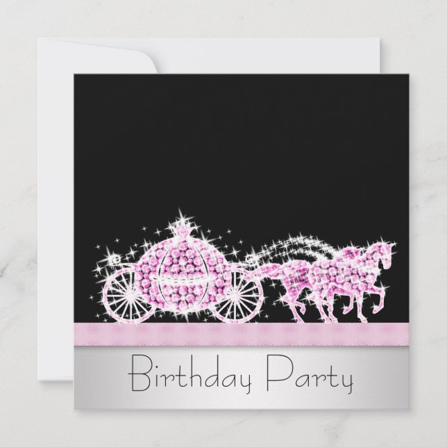 Horse Carriage Pink Black Princess Birthday Party Invitation (Front)