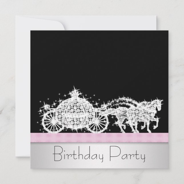 Horse Carriage Pink Black Princess Birthday Party Invitation (Front)