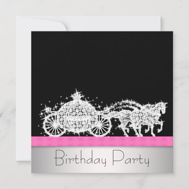 Horse Carriage Pink Black Princess Birthday Party Invitation (Front)