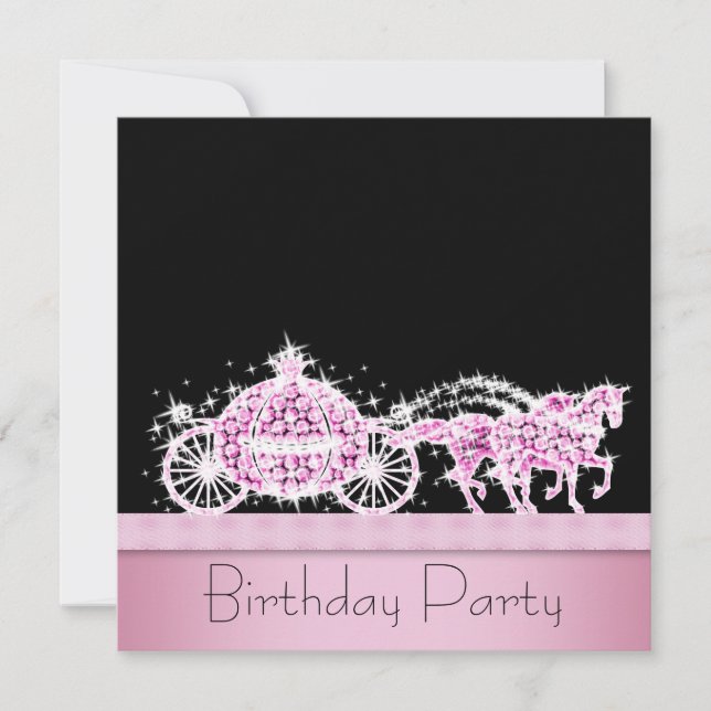 Horse Carriage Pink Black Princess Birthday Party Invitation (Front)
