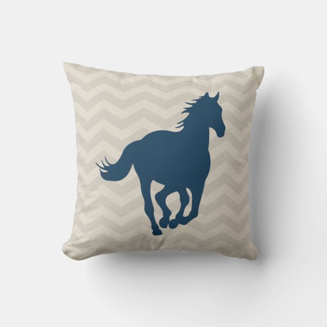 Horse Chevron Pattern Navy Blue Grey Cream Cushion (Front)
