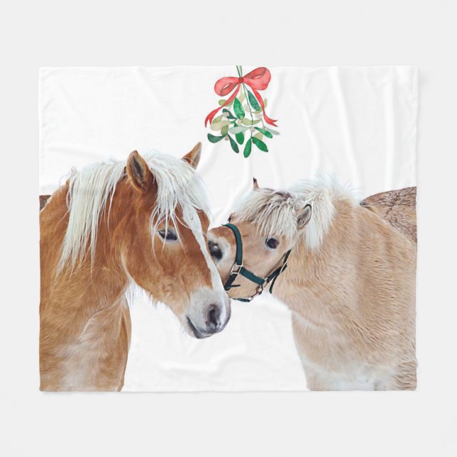 Horse Christmas Mistletoe Equestrian Cute Ponies Fleece Blanket (Front (Horizontal))