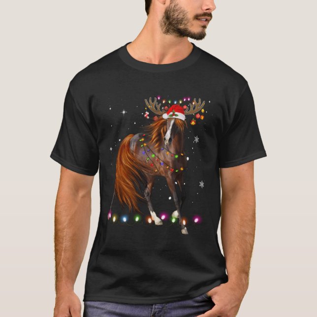 Horse Christmas Reindeer Lights Funny Horse Xmas G T-Shirt (Front)