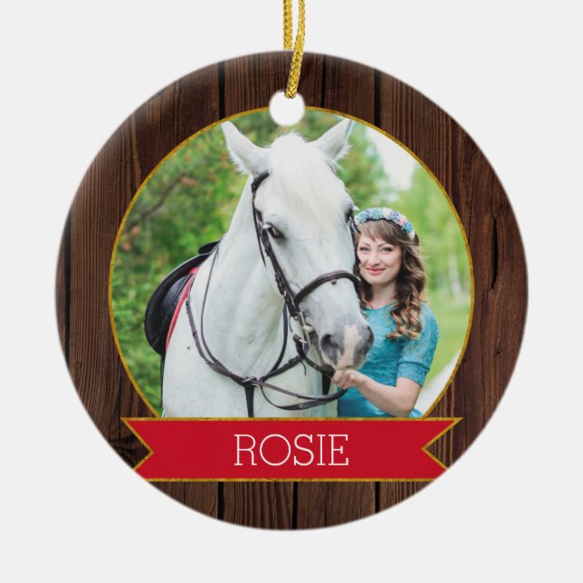 Horse Christmas rustic chic Custom Photo + Text Ceramic Tree Decoration (Front)