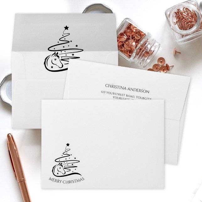 Horse Christmas tree black and white Equestrian Envelope (Elegant minimalist horse Christmas envelopes with return address.)