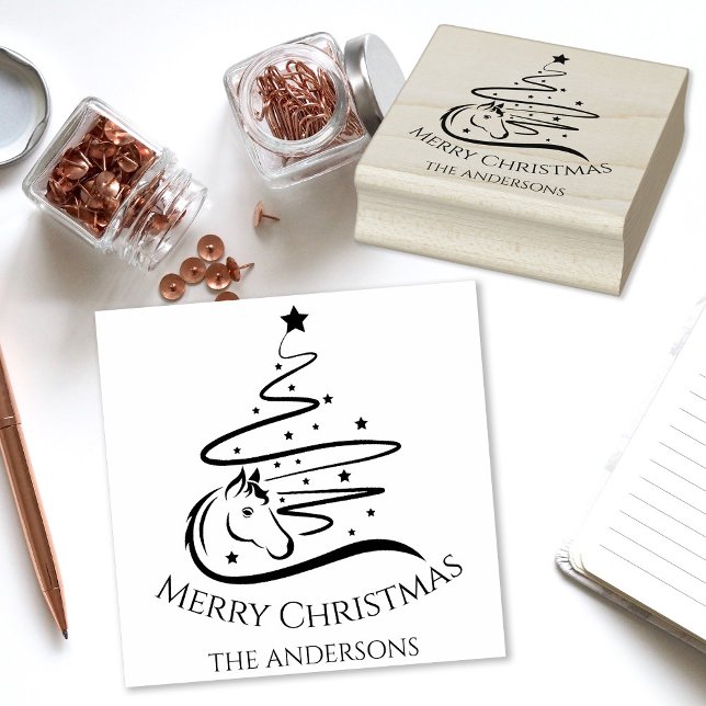 Horse Christmas tree black and white Equestrian Rubber Stamp (Elegant horse Chtristmas tree vector design, personalized rubber stamp.)