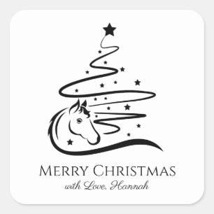 Horse Christmas tree black and white Equestrian Square Sticker