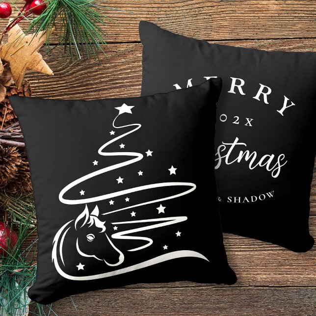 Horse Christmas tree Equestrian black and white Cushion (Horse Christmas tree personalized pillow, black and white vector art.)