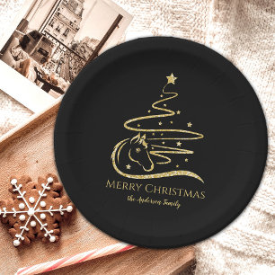 Horse Christmas tree Gold glitter Equestrian Paper Plate