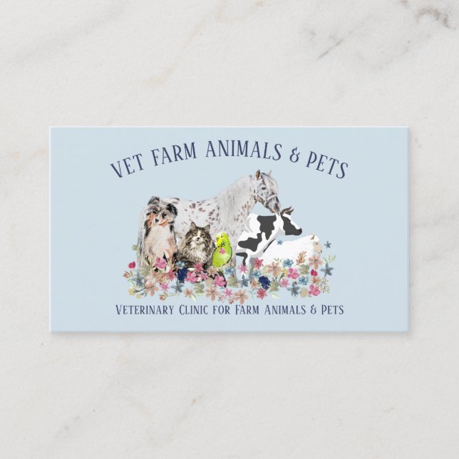 Horse Cow Sheep Dog Cat Bird Animal Pet blue Business Card (Front)