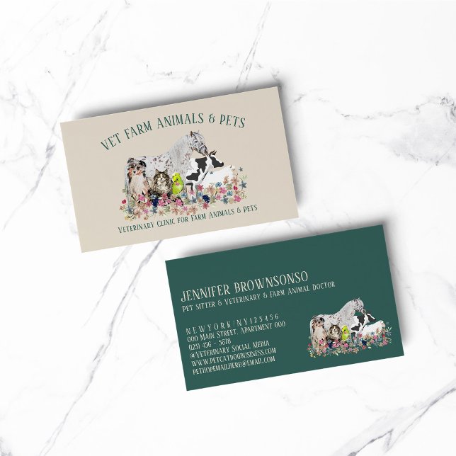 Horse Cow Sheep Dog Cat Bird Animal Pet Veterinary Business Card (pet animal dog cat veterinary farm)
