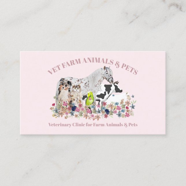 Horse Cow Sheep Dog Cat Pink Farm Animals Business Card (Front)