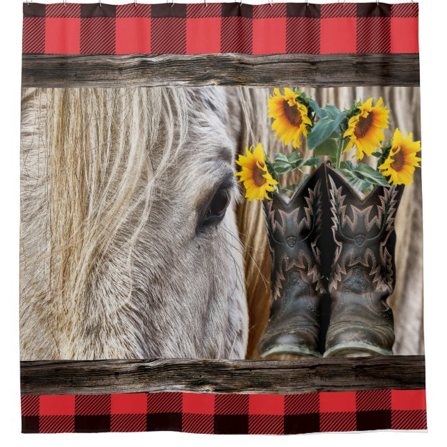 Horse Cowboy Boots Barn Board Red Plaid Shower Curtain (Front)