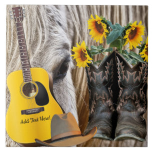 Horse Cowboy Boots Cowboy Hat Guitar Sunflowers Tile