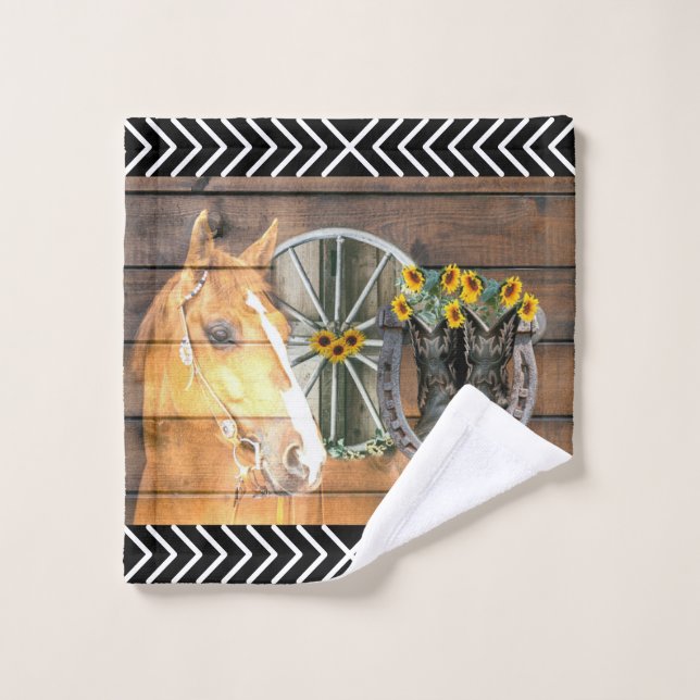 Horse Cowboy Boots Horseshoe Wagon Wheel Bath Towel Set (Wash Cloth)