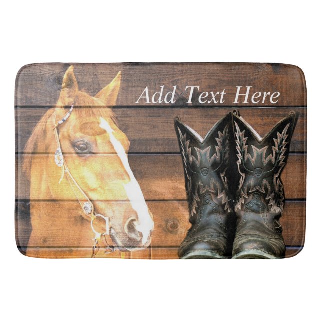 Horse Cowboy Boots Rustic Barn Board Bath Mat (Front)