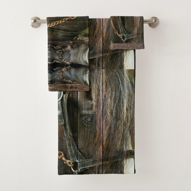 Horse Cowboy Boots Rustic Barn Board Bath Towel Set (Insitu)
