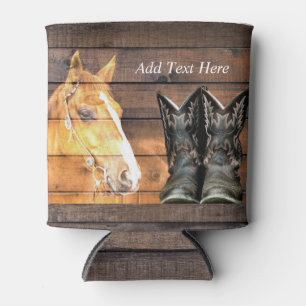 Horse Cowboy Boots Rustic Barn Board Can Cooler