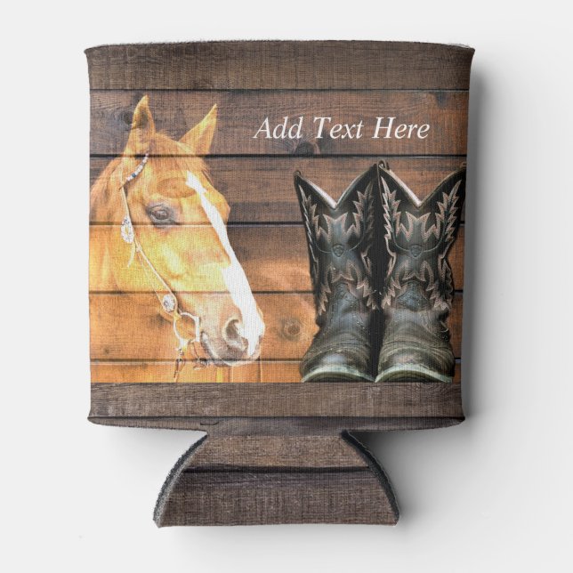 Horse Cowboy Boots Rustic Barn Board Can Cooler (Front)