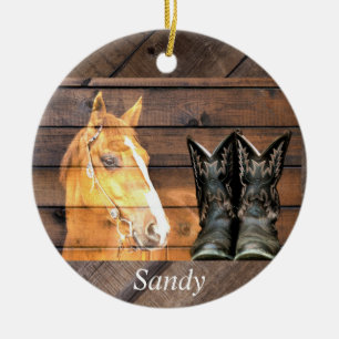 Horse Cowboy Boots Rustic Barn Board Ceramic Tree Decoration