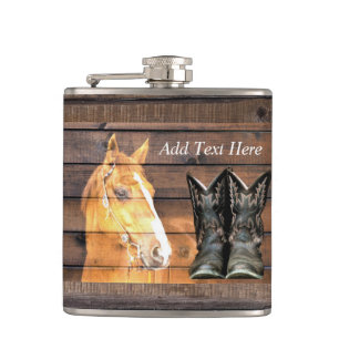 Horse Cowboy Boots Rustic Barn Board Hip Flask