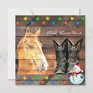 Horse Cowboy Boots Rustic Barn Board Holiday Card