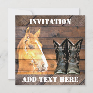 Horse Cowboy Boots Rustic Barn Board Invitation