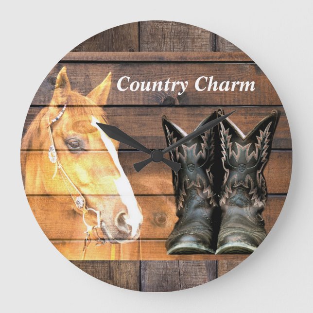 Horse Cowboy Boots Rustic Barn Board Large Clock (Front)