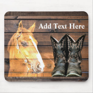 Horse Cowboy Boots Rustic Barn Board Mouse Mat