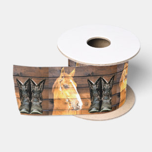 Horse Cowboy Boots Rustic Barn Board Satin Ribbon