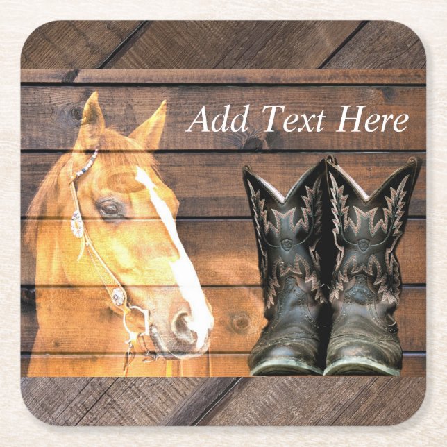 Horse Cowboy Boots Rustic Barn Board Square Paper Coaster (Front)