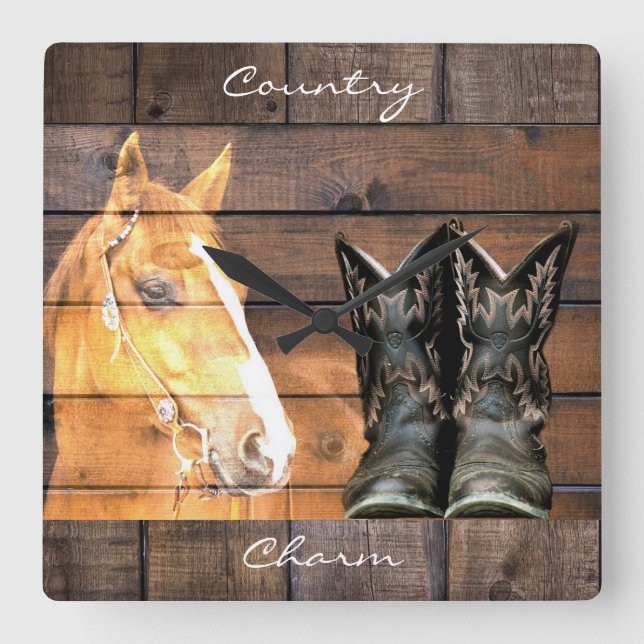 Horse Cowboy Boots Rustic Barn Board Square Wall Clock (Front)