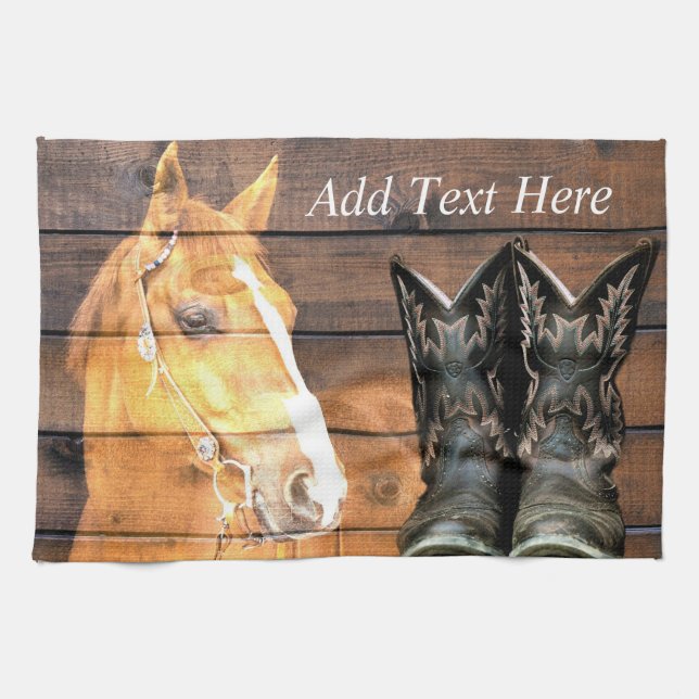 Horse Cowboy Boots Rustic Barn Board Tea Towel (Horizontal)