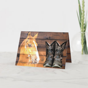 Horse Cowboy Boots Rustic Barn Board Thank You Card