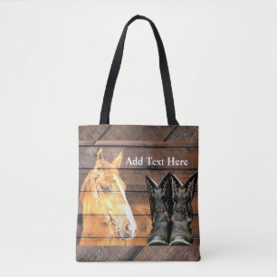 Horse Cowboy Boots Rustic Barn Board Tote Bag