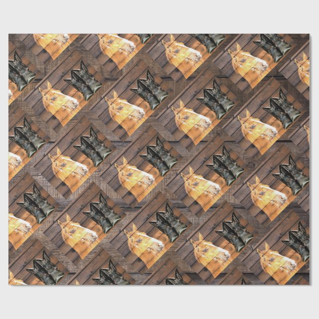 Horse Cowboy Boots Rustic Barn Board Wrapping Paper (Flat)