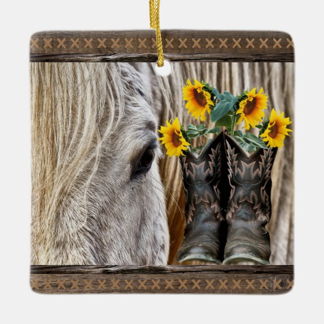 Horse Cowboy Boots Sunflowers Barn Board Ceramic Ornament (Front)