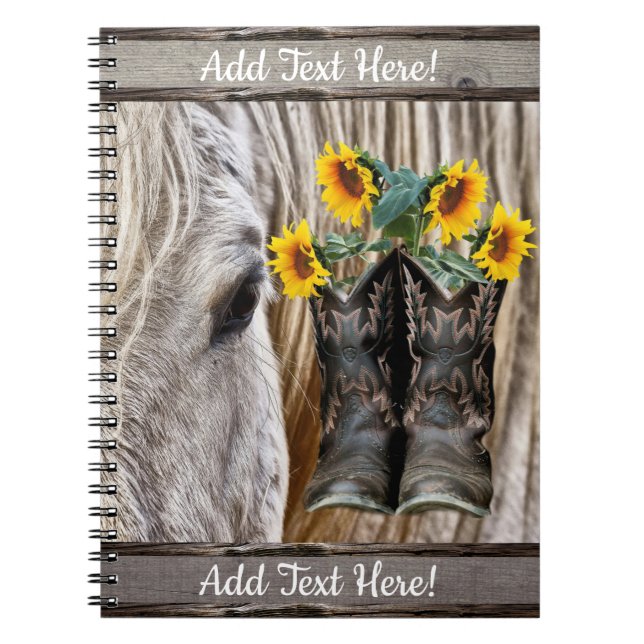 Horse Cowboy Boots Sunflowers Barn Board Notebook (Front)