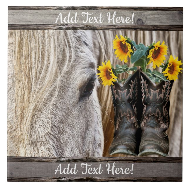 Horse Cowboy Boots Sunflowers Barn Board Tile (Front)