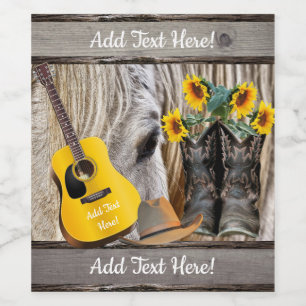 Horse Cowboy Boots Sunflowers Guitar Cowboy Hat Wine Label