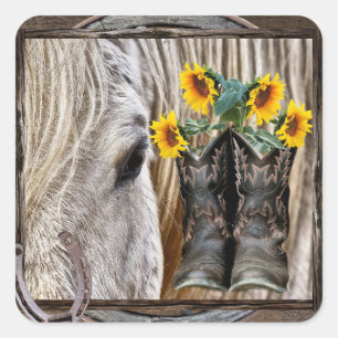 Horse Cowboy Boots Sunflowers Horseshoe  Square Sticker