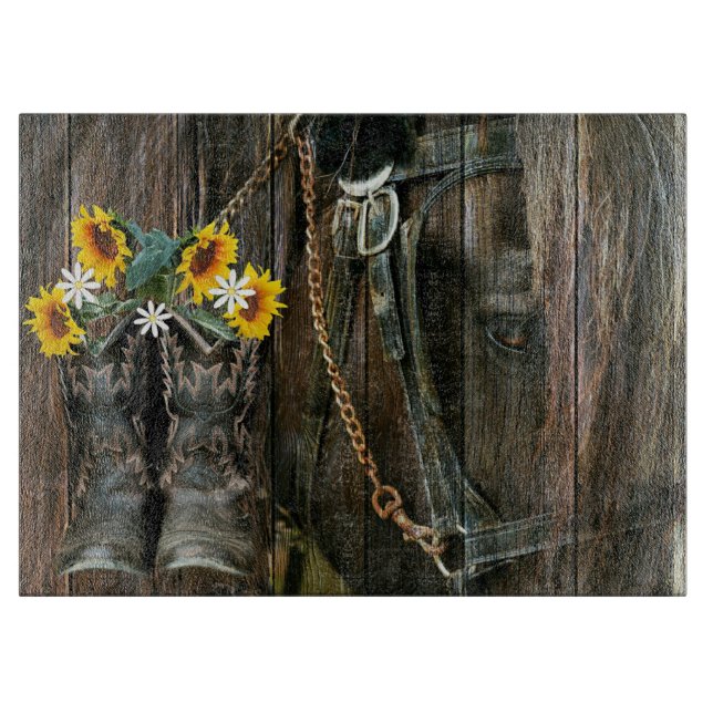 Horse Cowboy Boots Sunflowers Rustic Barn Board (Front)