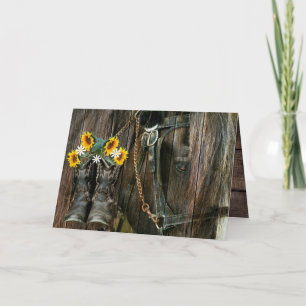 Horse Cowboy Boots Sunflowers Rustic Barn Board Card