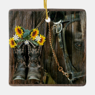 Horse Cowboy Boots Sunflowers Rustic Barn Board Ceramic Ornament