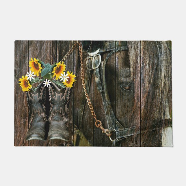 Horse Cowboy Boots Sunflowers Rustic Barn Board Doormat (Front)