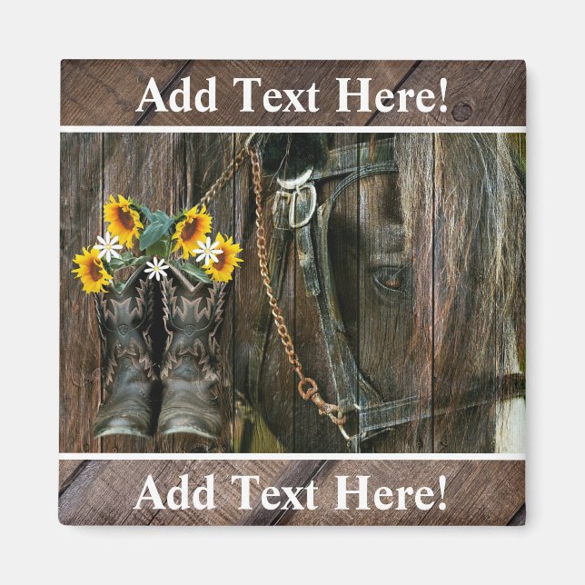 Horse Cowboy Boots Sunflowers Rustic Barn Board Magnet (Front)