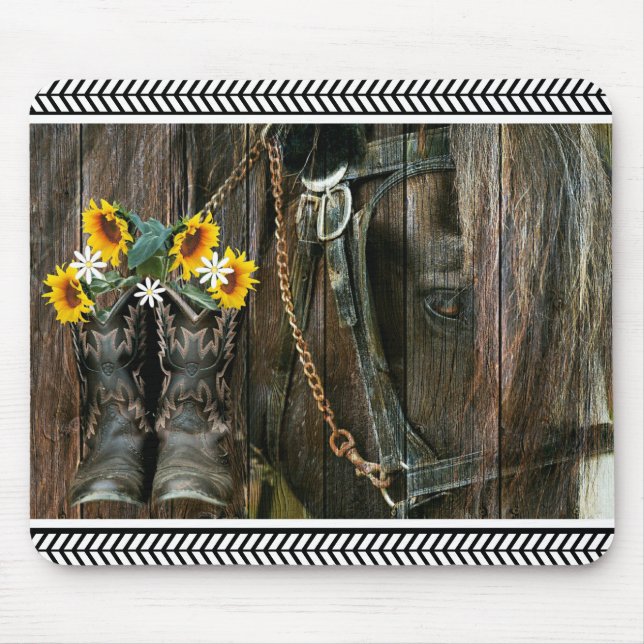 Horse Cowboy Boots Sunflowers Rustic Barn Board Mouse Mat (Front)